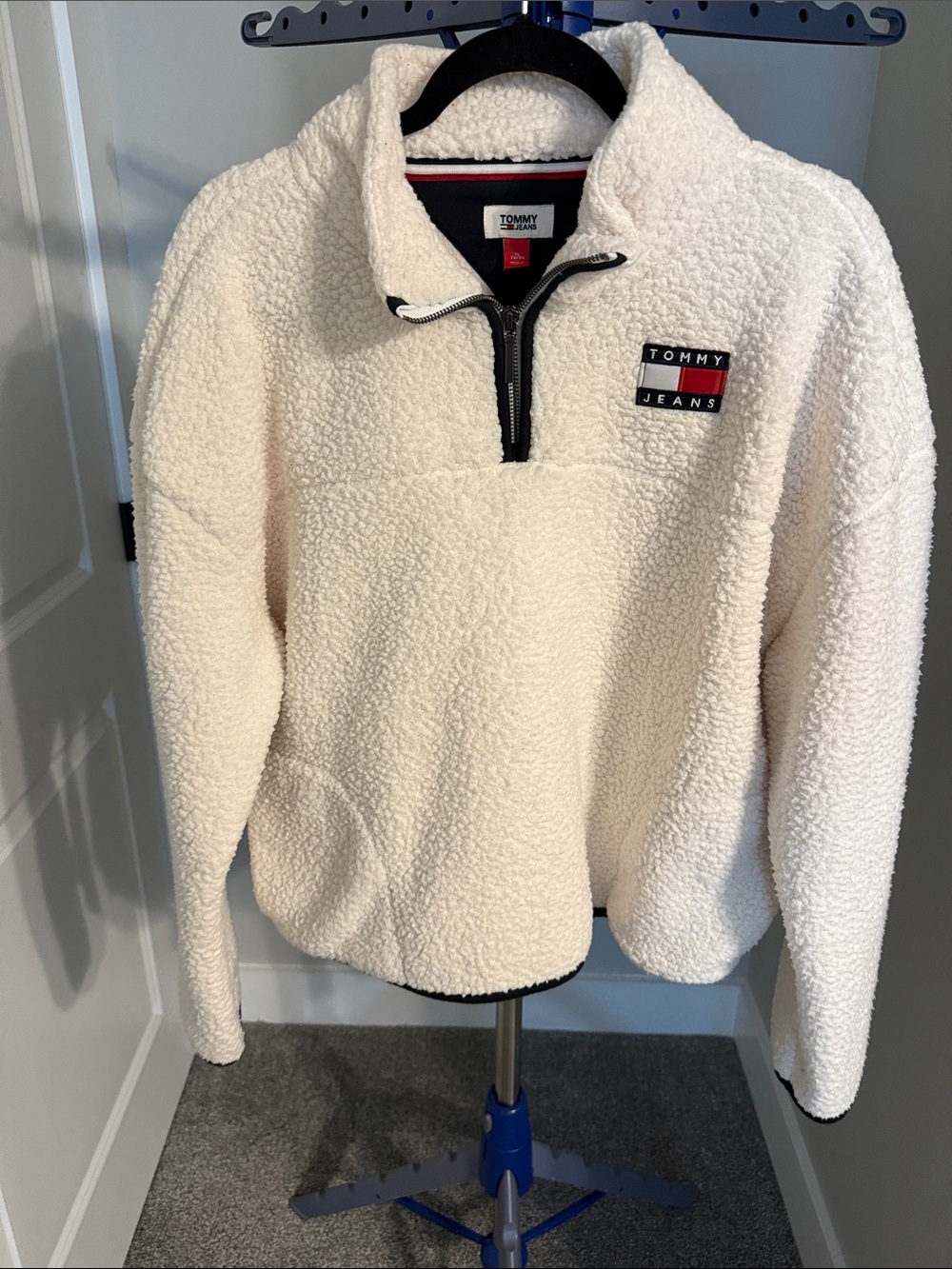 Tommy Hilfiger Cream Sherpa Half-Zip Pullover with Logo Patch